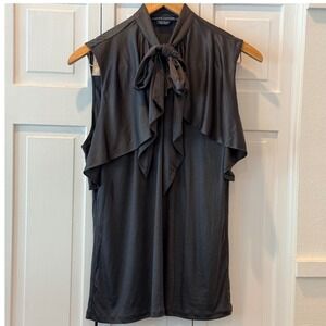 Ralph Lauren Blue Label Charcoal Grey Lyocell Bow Tie Ruffle Sleeveless Blouse L